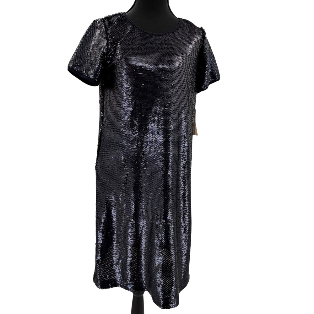 Copper Key Sequin Party Cocktail mini dress Short Sleeve Navy Blue Women's large